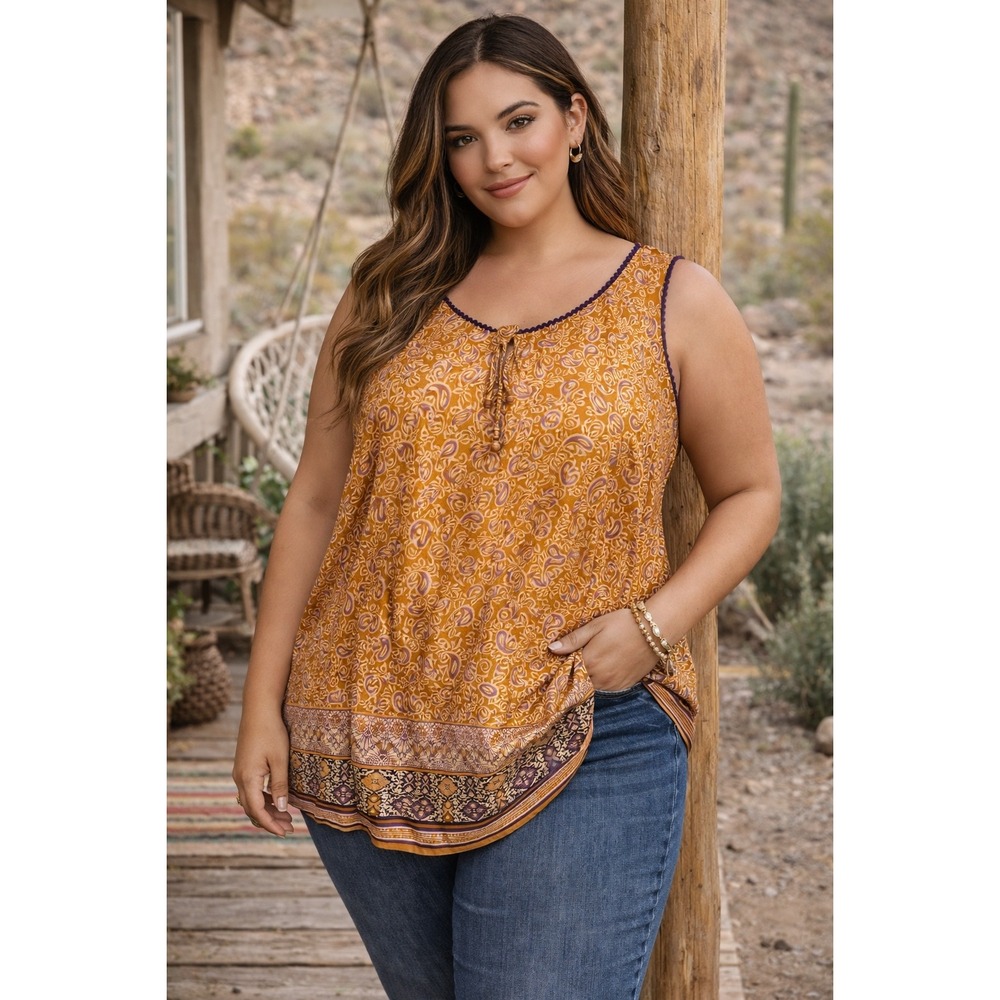 J. Jill Womens NWT Paisley Tencel Lyocell Sleeveless Tank Top Gold Purple 2X T2